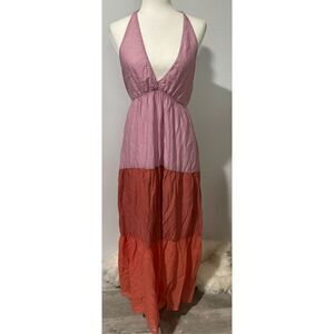 Touché color block tiered maxi dress halter top L